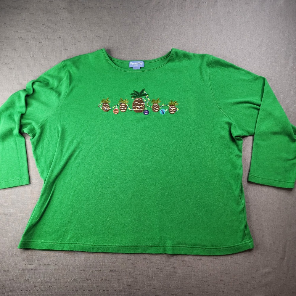 Paradise Bay Pineapple Christmas Beach Shirt XXL Green Ugly Sweater Beaded Plus